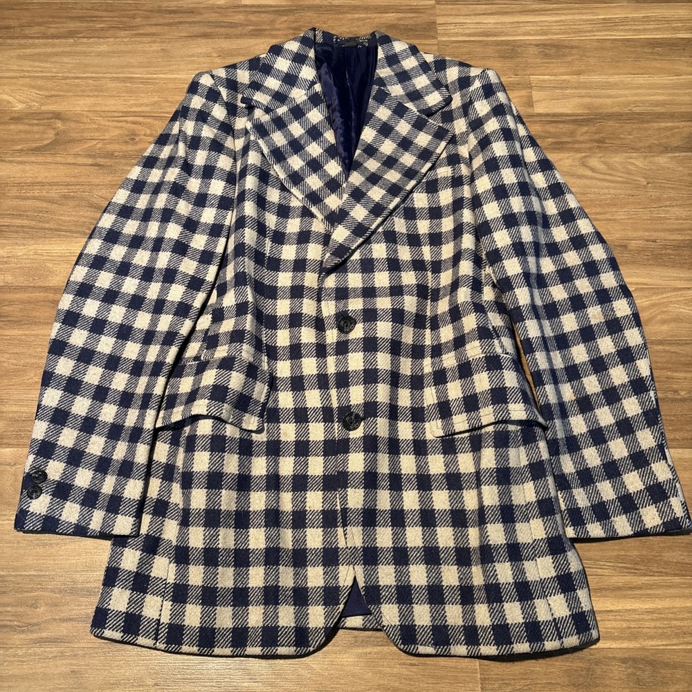 Navy Blue Cream Gingham Check Blazer Jacket Two Button Made in Romania Size 38